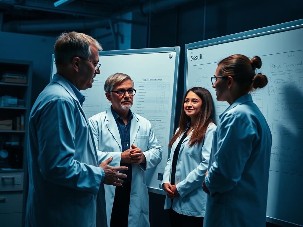Professor discutindo resultados com estudantes de pós-graduação
