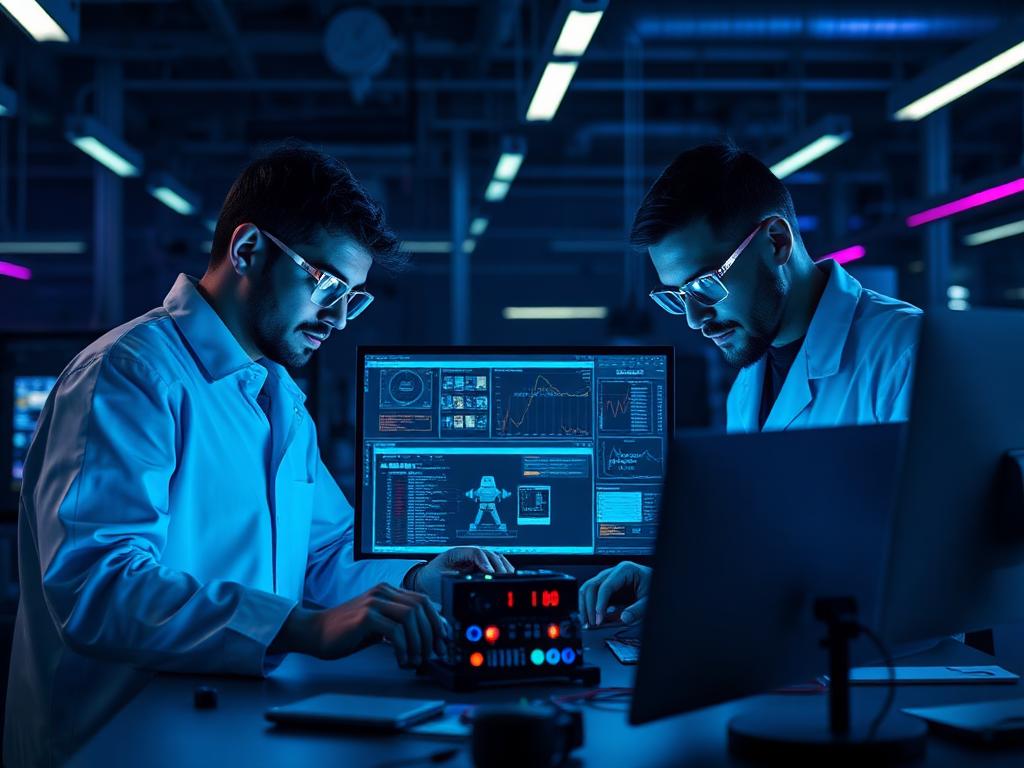 Engenheiros de uma deeptech analisando dados e protótipo