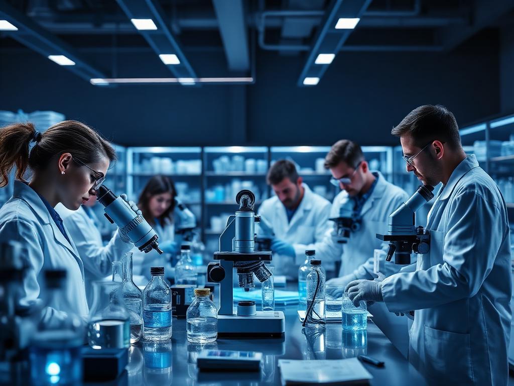 Equipe de laboratório trabalhando com microscópios e vidrarias