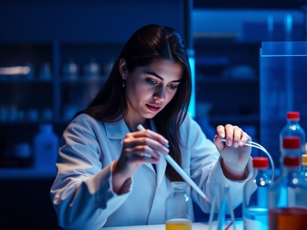 Pesquisadora manipulando amostras na bancada de um laboratório